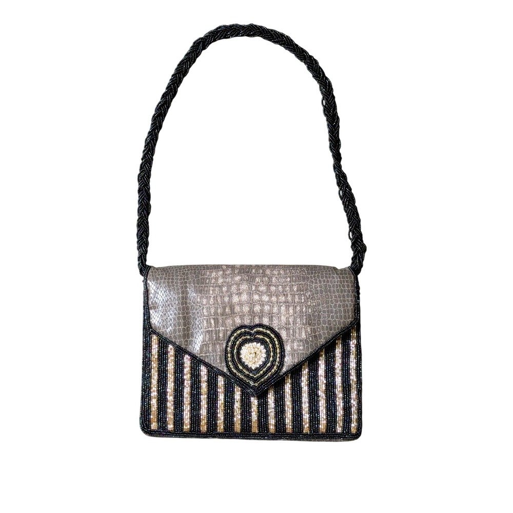 Vintage 90s Eclectic Maximalist Snakeskin Leather Fully Beaded Shoulder Bag